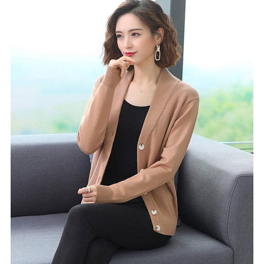 Autumn and Winter V-neck Cardigan Sweater Long-sleeved Loose Crop Top Knitted Solid Color Female Sweater