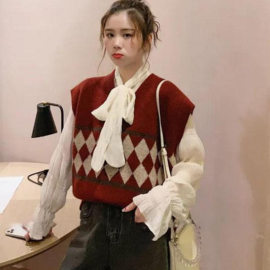 Spring and Autumn V-neck Color Matching Vest Women's Loose Sleeveless Waistcoat Outer Knit Sweater