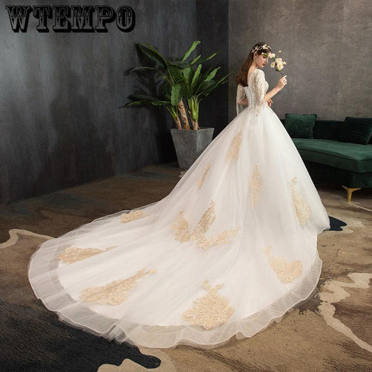 Gorgeous Ball Gown V Neck Lace Champagne embroidery Long Wedding Dresses Bridal Gown