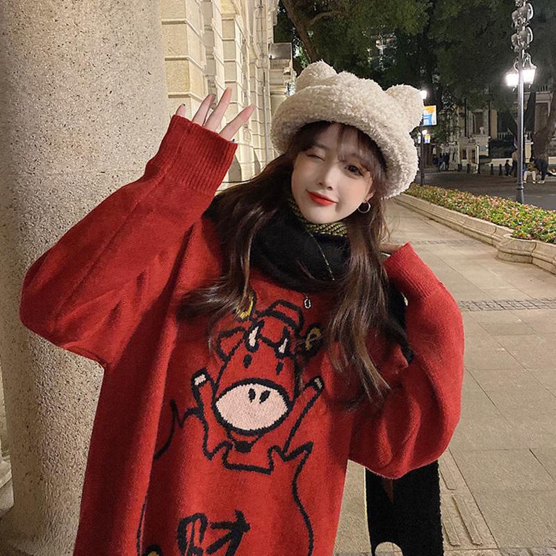Outer Wear Printed Sweater Loose Casual Fashion Round Neck Long Sleeve Women All-match Red Knit Sweater Sweater Women Autumn Winter