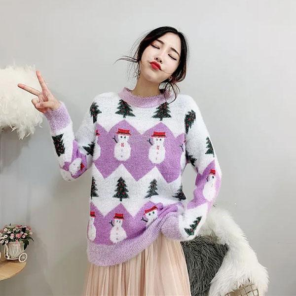Female Large Size Vintage Loose Print Sweaters Women's Autumn and Winter Sweet Style Knitted Pullover Tops