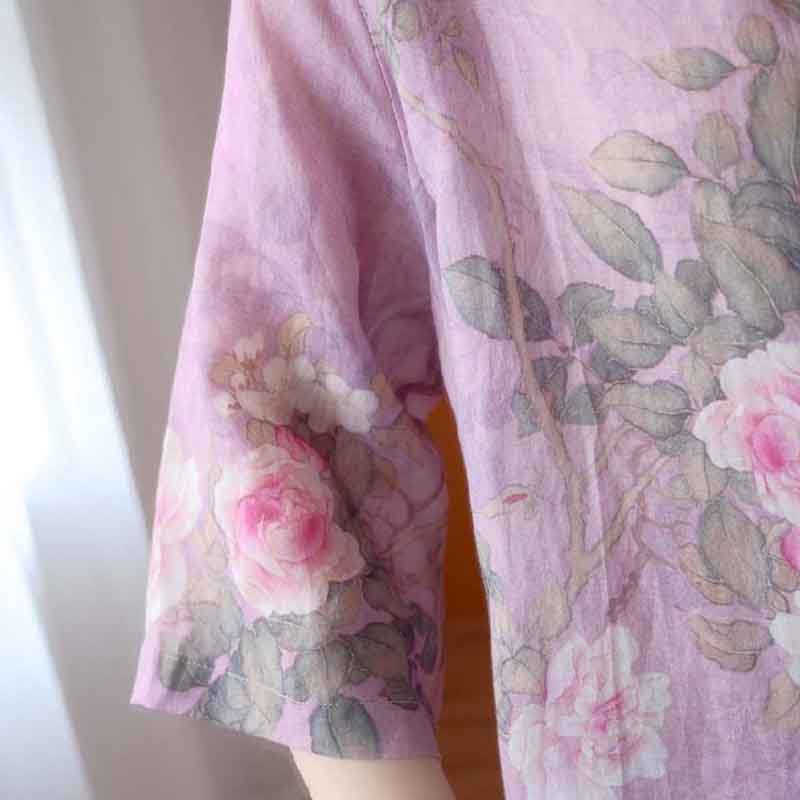 Large Size Shirt Women's Retro Loose Ethnic Style Top Printing Slanted Placket Button V-neck Irregular Shirt