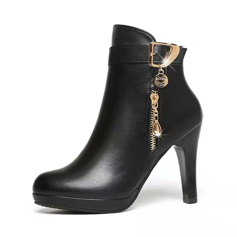 Outdooor Women High Heel Shoes Short Tube Boot Leather Zipper Solid Color Round Toe Shoe