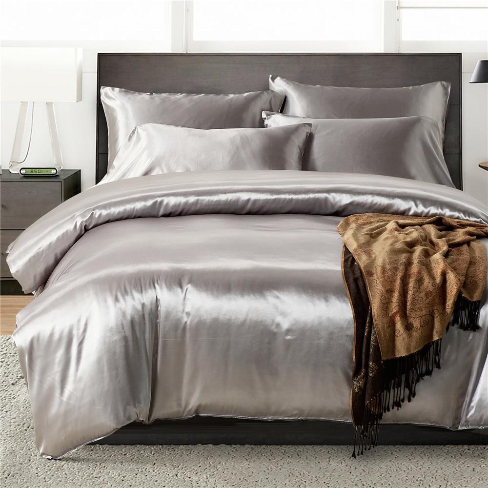 Nordic Style Silk Bedding Queen Size Satin Grey Duvet Cover Solid Color Set