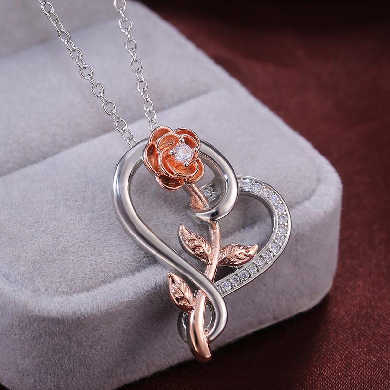 Luxury Rose and Heart Shaped Pendant Necklace Zircon Floral Pendant Silver Fine Necklace for Women Gift Jewelry
