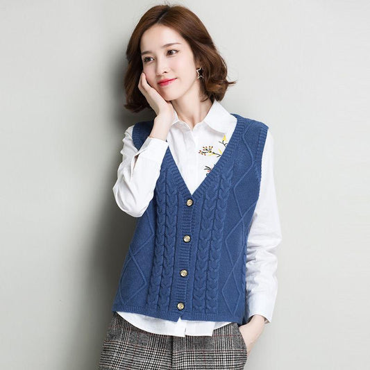 Women's Sweater Vest Short All-match V-neck Woolen Vest Sleeveless Sweater Top Ladies Pure Color Temperament Sweater Vest