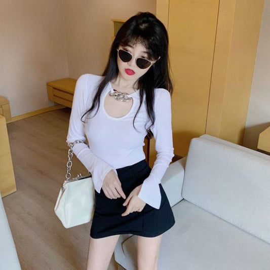Spring and Autumn Slim Sexy Bottoming Shirt Long-sleeved Knitted Hollow Top Fashion Simple Female Sweater