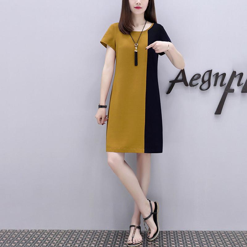 Mid-length Dress Loose and Thin, Covering The Meat Casual Dress Women's Round Neck Short Sleeve Stitching Color Dress Loose and Comfortable