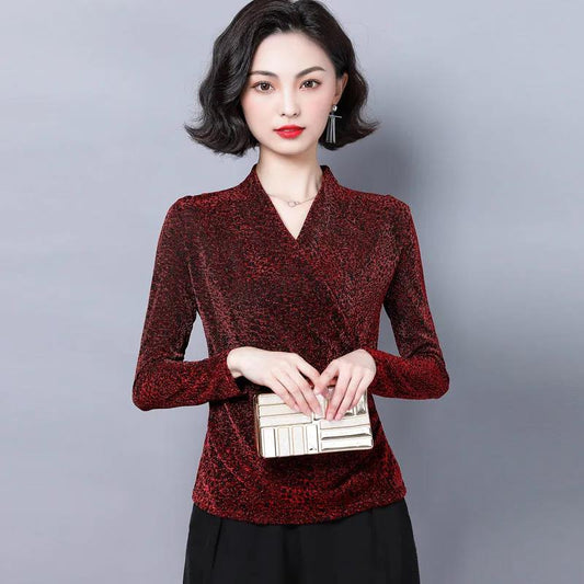 Women's Spring and Autumn T-shirt Plus Size Slim V-neck Long-sleeved Top