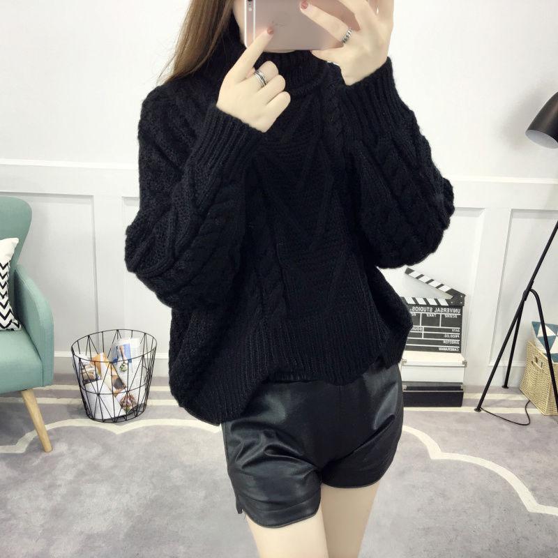 Autumn Winter Loose Turtleneck Pullover Sweater for Female Students Short Thick Thick Coarse Wool Knitted Jumper Coat Outwear