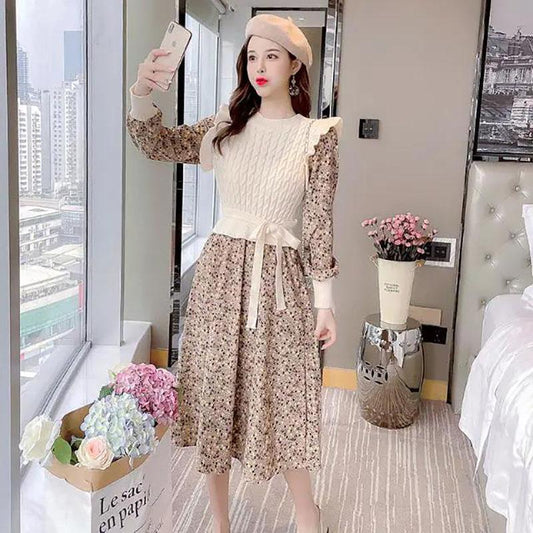 Autumn and Winter Fake Two-piece Over-the-knee Long Base Sweater Dress Base Knitted Stitching Corduroy Floral Dress