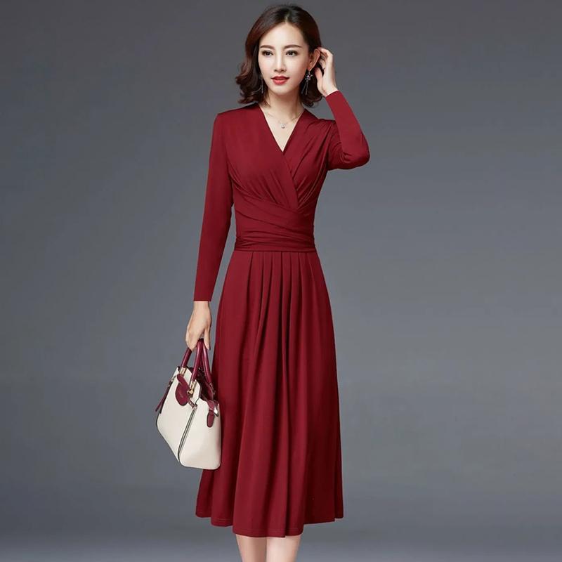 Elegant V-neck Slim Dress Banquet Vacation Mid-length Over-the-knee Long Skirt Waist Waist Slim V-neck Long Skirt A-line Skirt