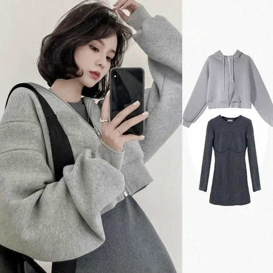 Women's Four Seasons Fried Street Suit Hooded Loose Sweater Jacket + Long Sleeve Slim Dress Two-piece Casual Suit Coat Skirt Sets