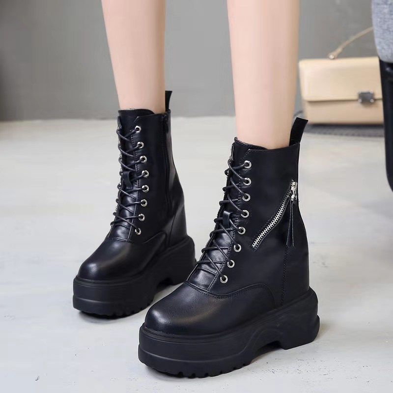 Woman Leather Ankle Boots Platform Boots Women Wedge Shoes Autumn Winter Round Toe Lace-up Inside Raised Martin Boots Ladies Shoes