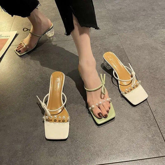 Crystal Heel Slippers Women's Summer Wear Fashion 2 Thick Heel Transparent Sandals