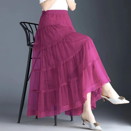 Three-layer Large Swing Mesh Skirt Women's Spring and Summer A-line Pleated Cake Skirt Lace Edge Drape Long Skirt Solid Color Gauze Skirt