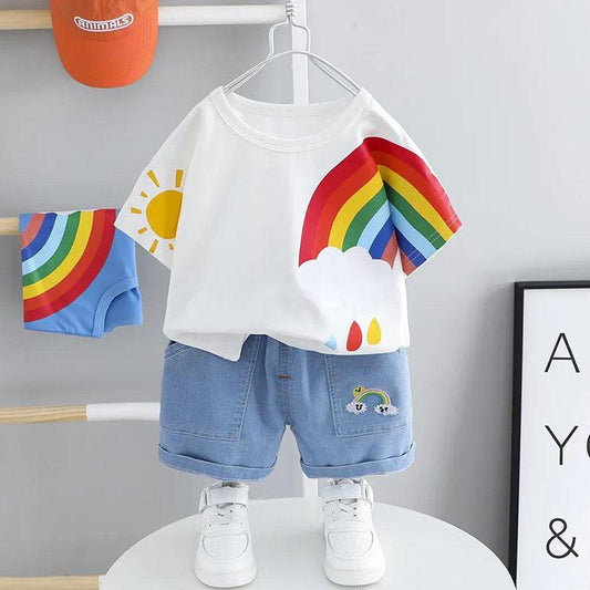 Children's Suit Summer Round Neck Short-sleeved T-shirt + Jeans Two-piece Sweet Rainbow Pattern Casual Suit