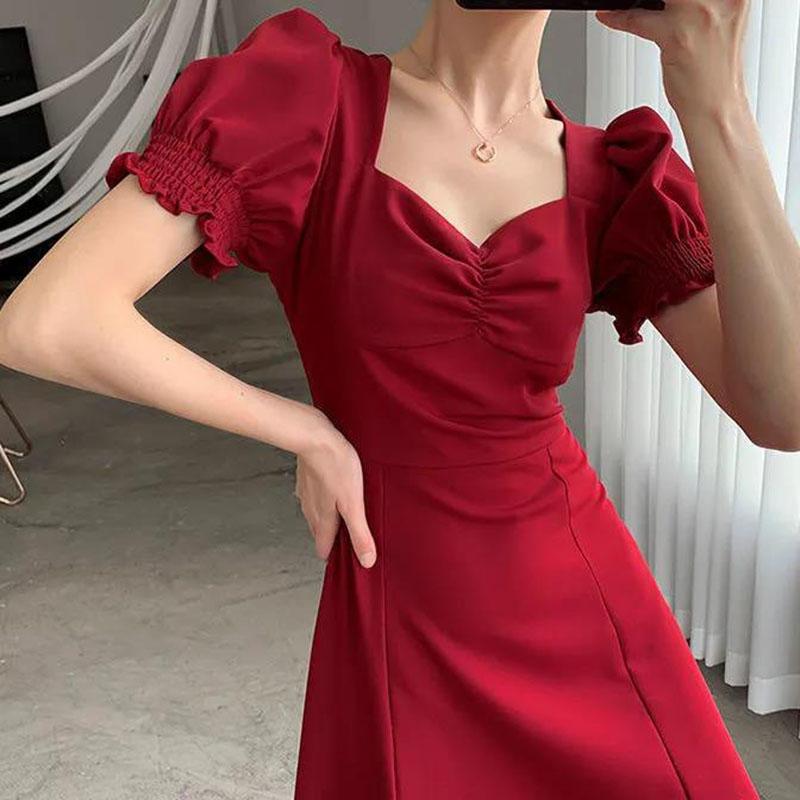 Women's Summer Solid Color Skirt Puff Sleeve Dress Square Collar Midi Skirt