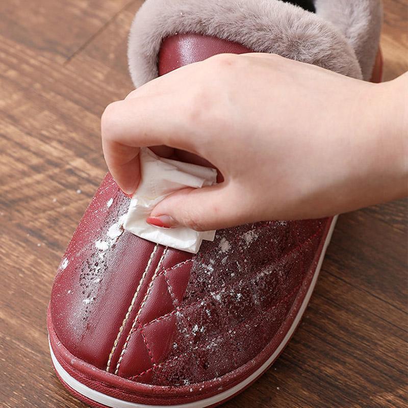 Women Winter Cotton Shoes Unisex Home Slippers Leather Waterproof Non Slip Slippers Plush Warm Indoor