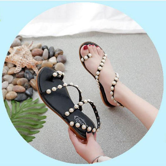 Korean Version Pearl Sandals Female Summer Students Flat-bottomed All-match Flip-flop Roman Sandals