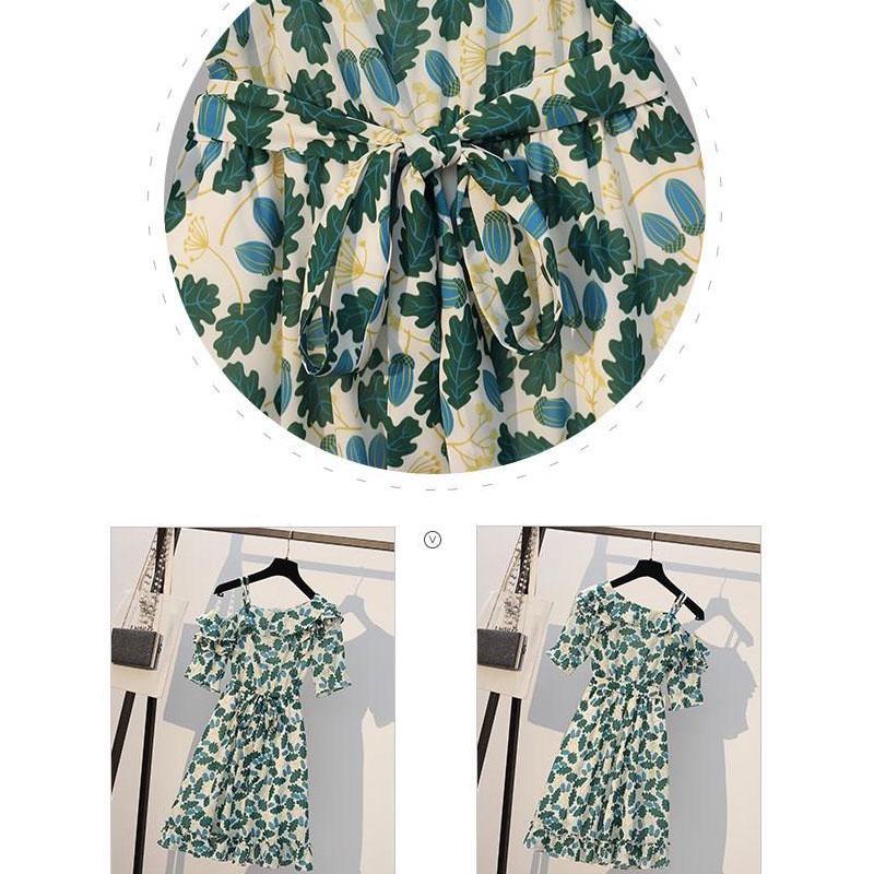 Plus Size Dress Women Boho Beach Floral Dress Summer Oblique Off-shoulder Ruffled Dress Mid-length