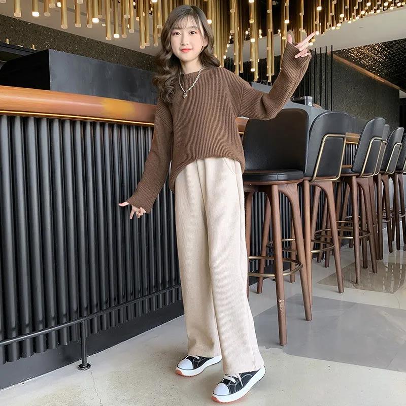 Girls' Cashmere Pants Autumn and Winter Children's One-piece Cashmere Straight Pants Middle and Large Children's Loose Outer Wide Leg Pants