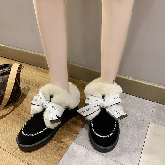Snow Boots Women's Winter All-match Plus Velvet Thick Warmth Non-slip Boots Flat Bow Cotton Shoes To Keep Warm Comfortable and Soft