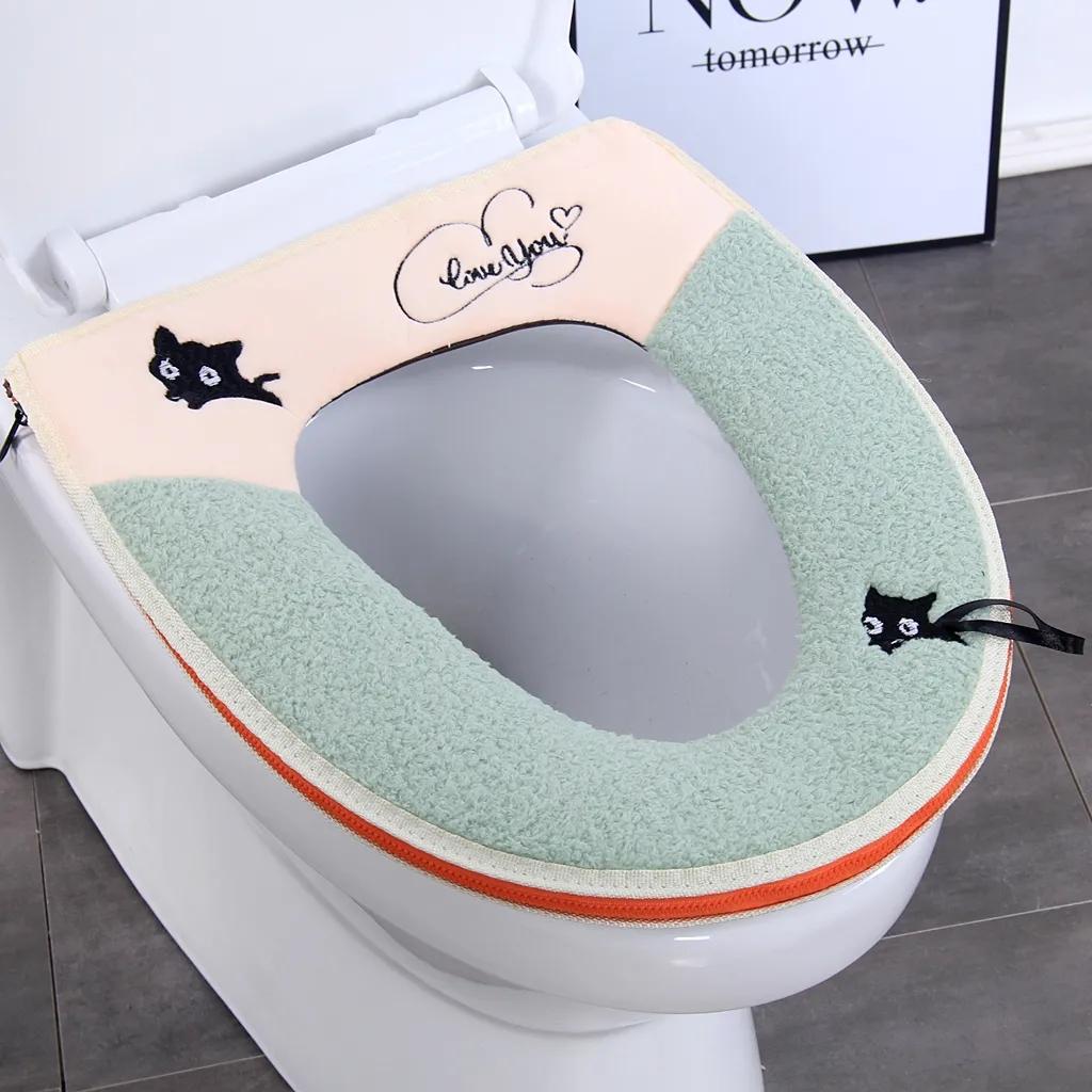 Warm Toilet Seat Covers Winter Cartoon Cat Cute Toilet Seat Pad with Handle Thickened Fleece Washable Toilet Seat Cushion Bathroom Lavatory Cover Mat