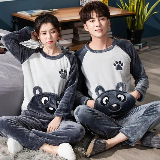 Cartoon Bear Couple Pajamas Suit Men Home Clothes Tops and Pants Ladies Winter Cashmere Warm Homewear