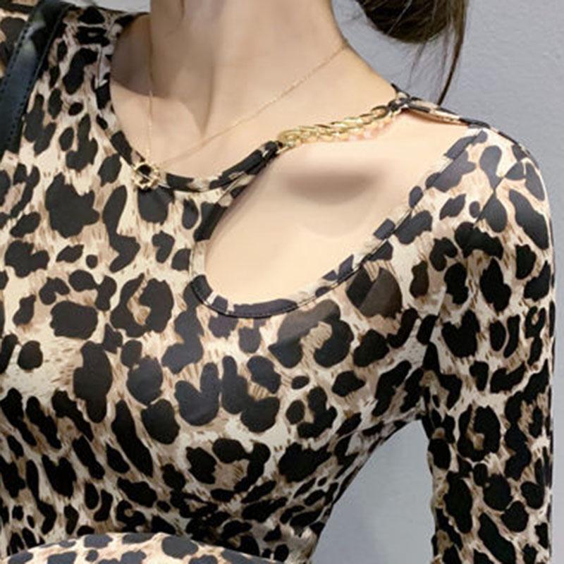 Spring and Autumn Leopard Print T-Shirt Women's Long Sleeve Sexy Top Slim Fit Bottoming Shirt