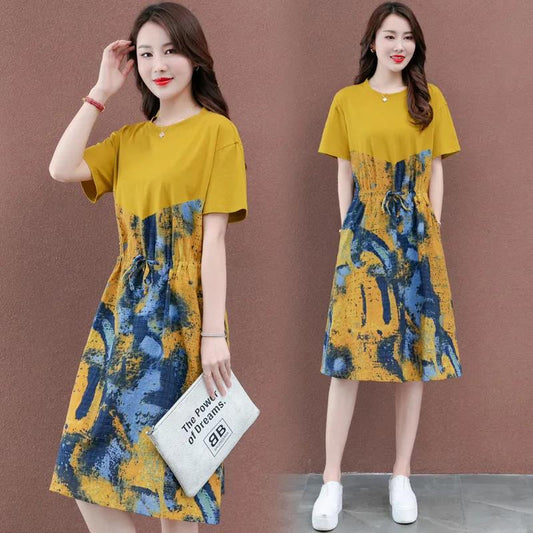 Fashion Summer Maxi Dress Women's Printed Sundress Casual Short Sleeve Female High Waist Robe