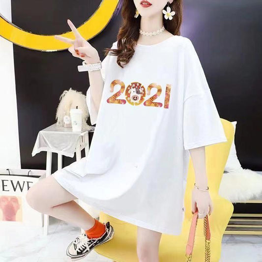 Women's Mid-length T-shirts Women's Round Neck Short-sleeved Loose and Thin Women's Casual Loose T-shirts with Open Back Print Design