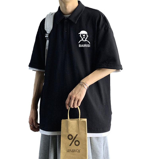 Lapel Shirt Tide Brand Short-sleeved T-shirt Male Loose Student Wild BF Half-sleeved Top Tide
