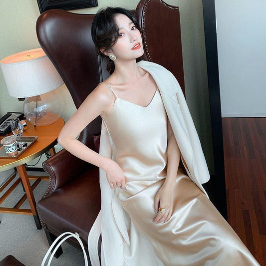 Women's Mid-length Slim Base Sleeveless Dress Pure Color Sexy Shiny Premium Texture Satin Silky Suspender Skirt
