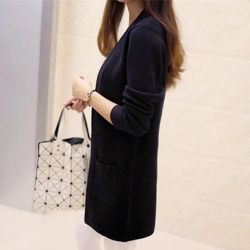 Women Solid Color Spring/Autumn Long Cardigan Loose Medium Korean Slim Knit Jacket Loose Sweater Shawl