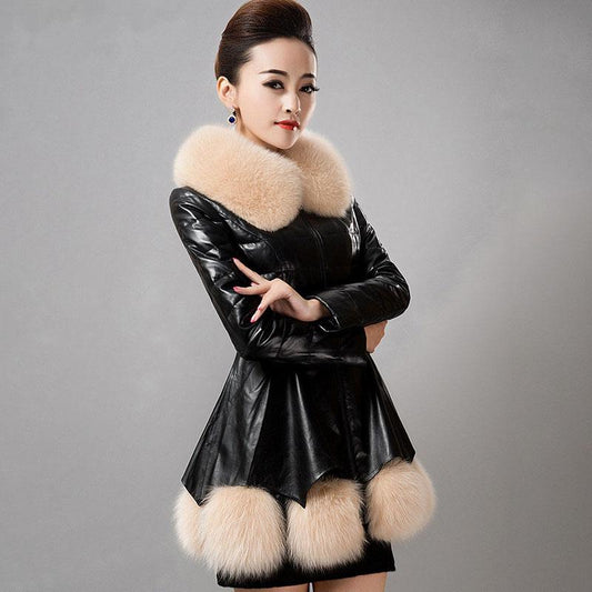 Women's Leather Coat Thickened Warm Fur Coat Winter Slimming Faux Sheepskin Coats with Fox Fur Collar Female Overcoat Outerwear