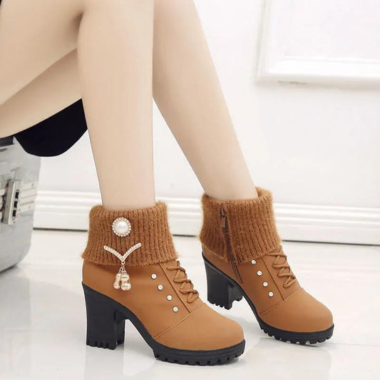 Autumn and Winter Short Mid-high Heel Round Toe Women's Shoes Side Zipper Woolen Cotton Boots