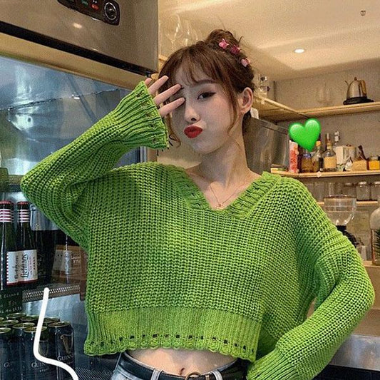 Avocado Green Sweater Women's Loose Autumn Long Sleeve V-neck Hollow Short Knit