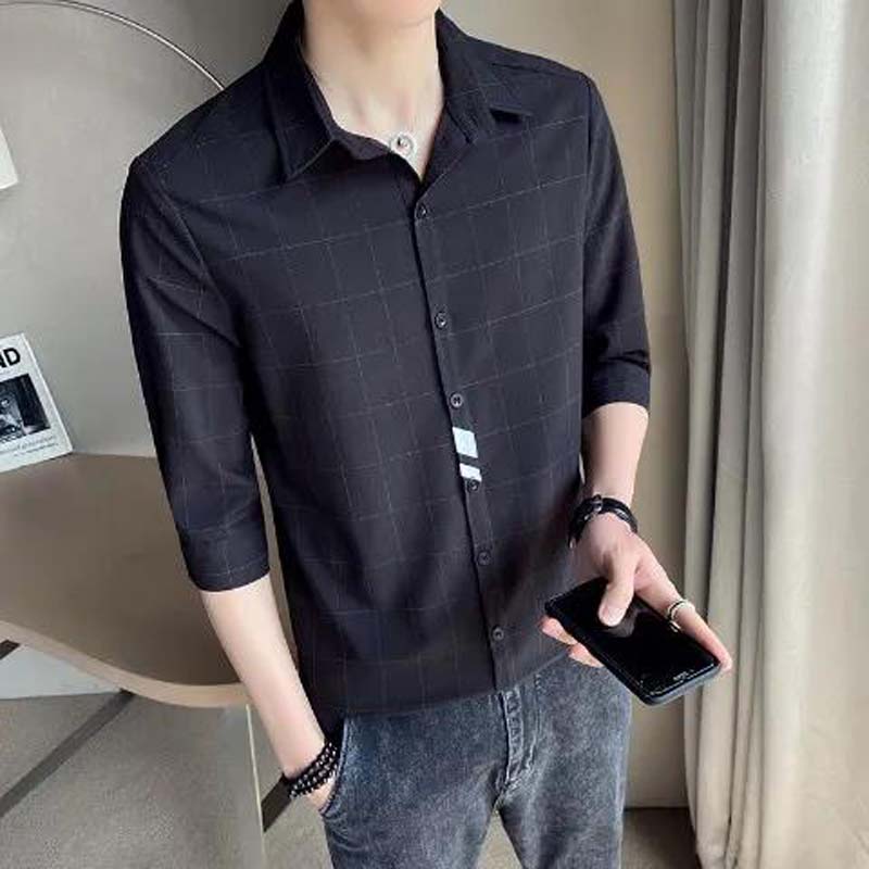 Summer New High-quality Plaid Shirt Men's Three-quarter Sleeve Trendy Shirt
