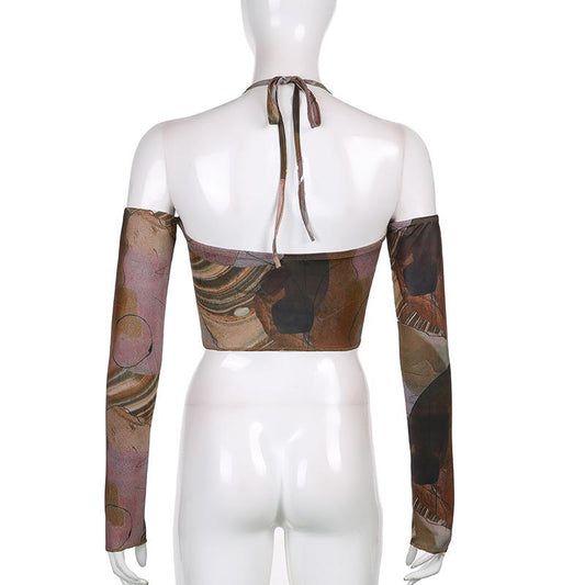 Printed Brown Backless Sexy Vest Corset Top Vintage Crop Top Grunge Kawaii with Glove Fashion Sweats Women Summer Camis Korean Style