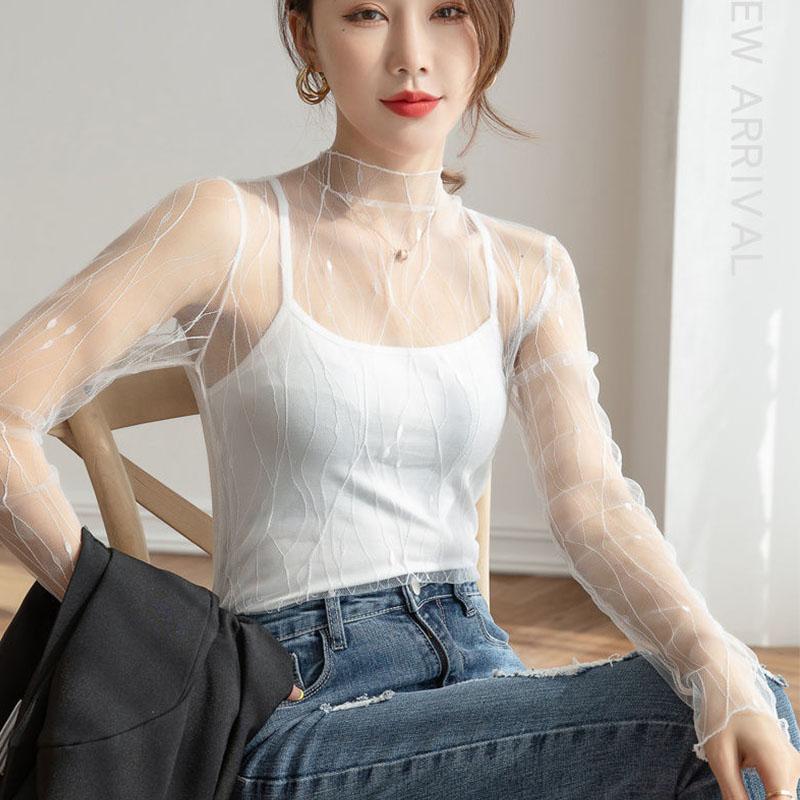 Sexy Mesh Transparent Blouses Tops Clothing Unlined Upper Garment Long Sleeve Net Build pullover