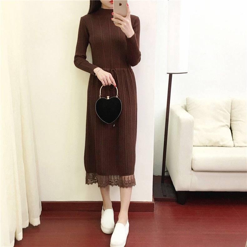 Women Solid Color Sweater Dress Long Section Turtleneck Lace Knitted Skirt Pullover