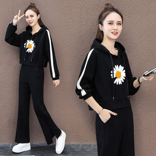 Suit Cotton-containing Leisure Sports Suit Hooded Long-sleeved Hoodie Wide Leg Pants Two-piece Women's Loose Suit Casual Wear
