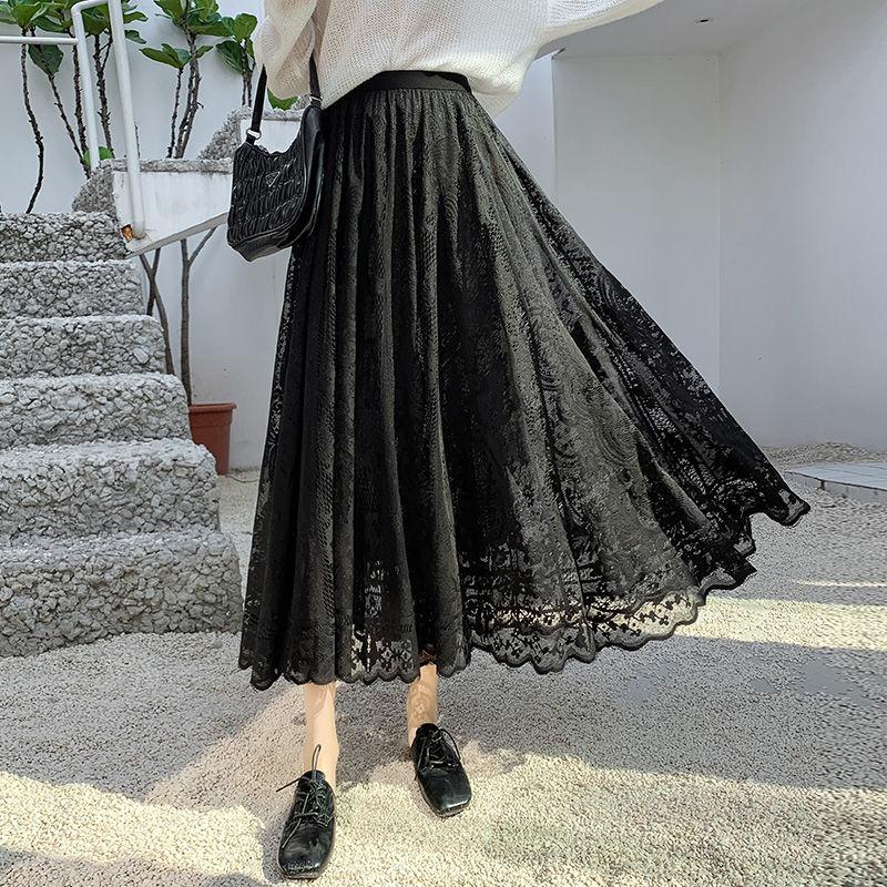 Women Lace Skirt Mid-length A-line Skirt Plus Size Summer Ruffled Elastic Waist Sandy Beach Vacation Daily