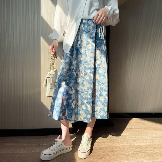 Oil Painting Style Floral Skirt Women's Mid-length High-waist Elastic Waist Large Skirt A-line Skirt Slim Slimming Thin Fabric Light and Breathable