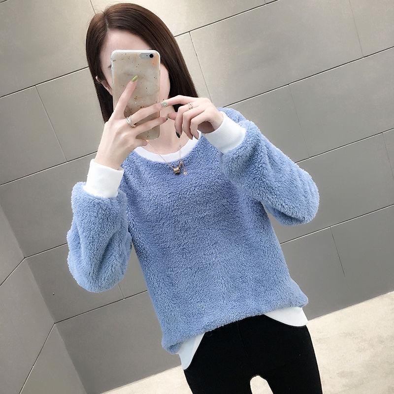 women's Winter Crew neck yellow sweater warm long sleeve female velvet bottoming loose Pullovers