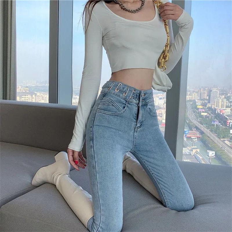 Spring and Autumn Design Women's High Waist Stretch Pants Thin Skinny Light-colored Pencil Jeans Slim Trousers