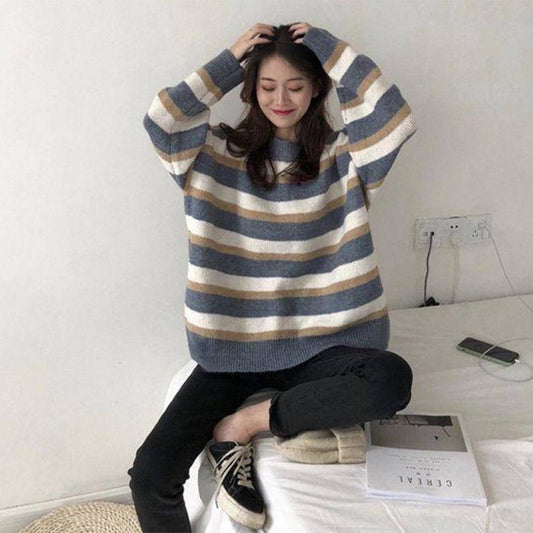 Pofulove Slim Thick Joker Bottoming Sweater Warm sweater Winter New Loose Contrast Striped Sweater