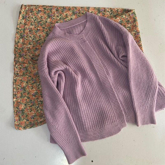 Spring and Autumn Lantern Sleeve Cardigan Sweater Student Casual Long Sleeve Sweater Loose Round Neck Short Knitted Coat