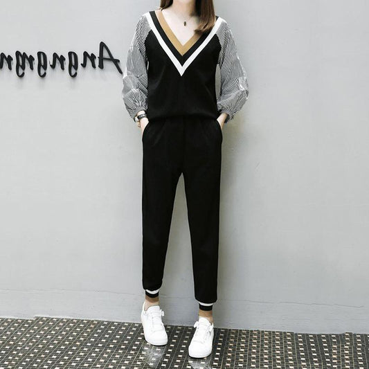 Spring and Autumn Plus Size Women's Clothing Slimming Harem Pants Two-piece Age-reducing Suit Long-sleeved V-neck Shirt + Casual Elastic Trousers